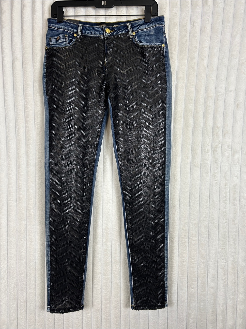 Sparkle super skinny stretch Black Sequin Chevron Panel front Jeans 11